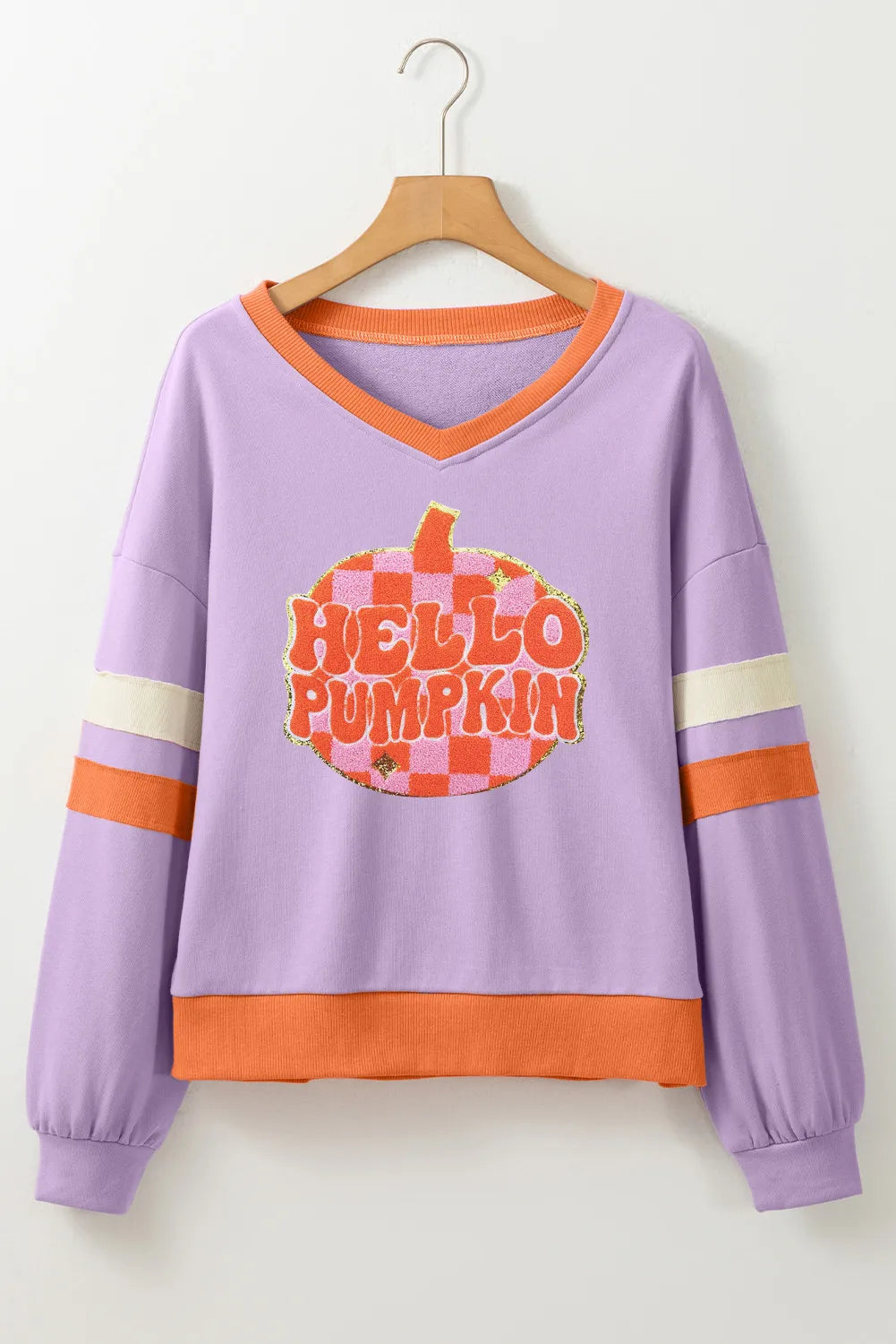 Hello Pumpkin Halloween Lavender Contrast Chic V-Neck Long Sleeve Sweatshirt