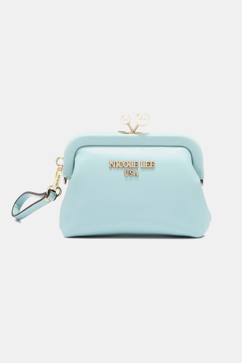 Light blue handbag with 'Nikolee Lee USA' branding on a light gray background
