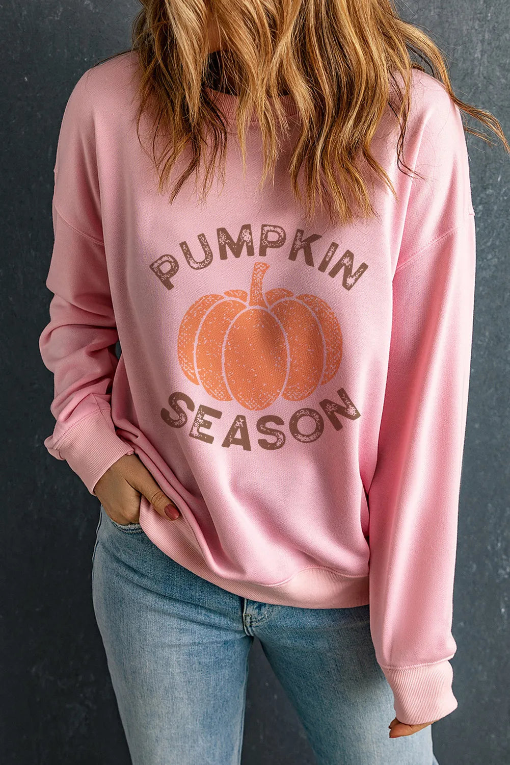 Pumpkin Season Pink Graphic Round Neck Long Sleeve Sweatshirt