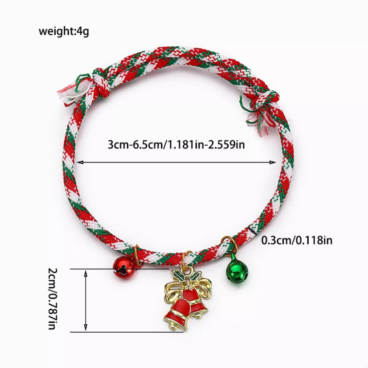 Red, green, and white braided bracelet with bell charms and measurements on a white background