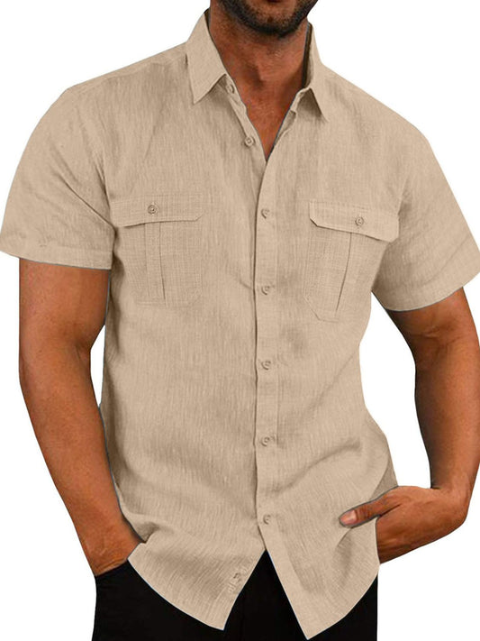 A man wearing a short sleeve collared neck shirt in gray color.