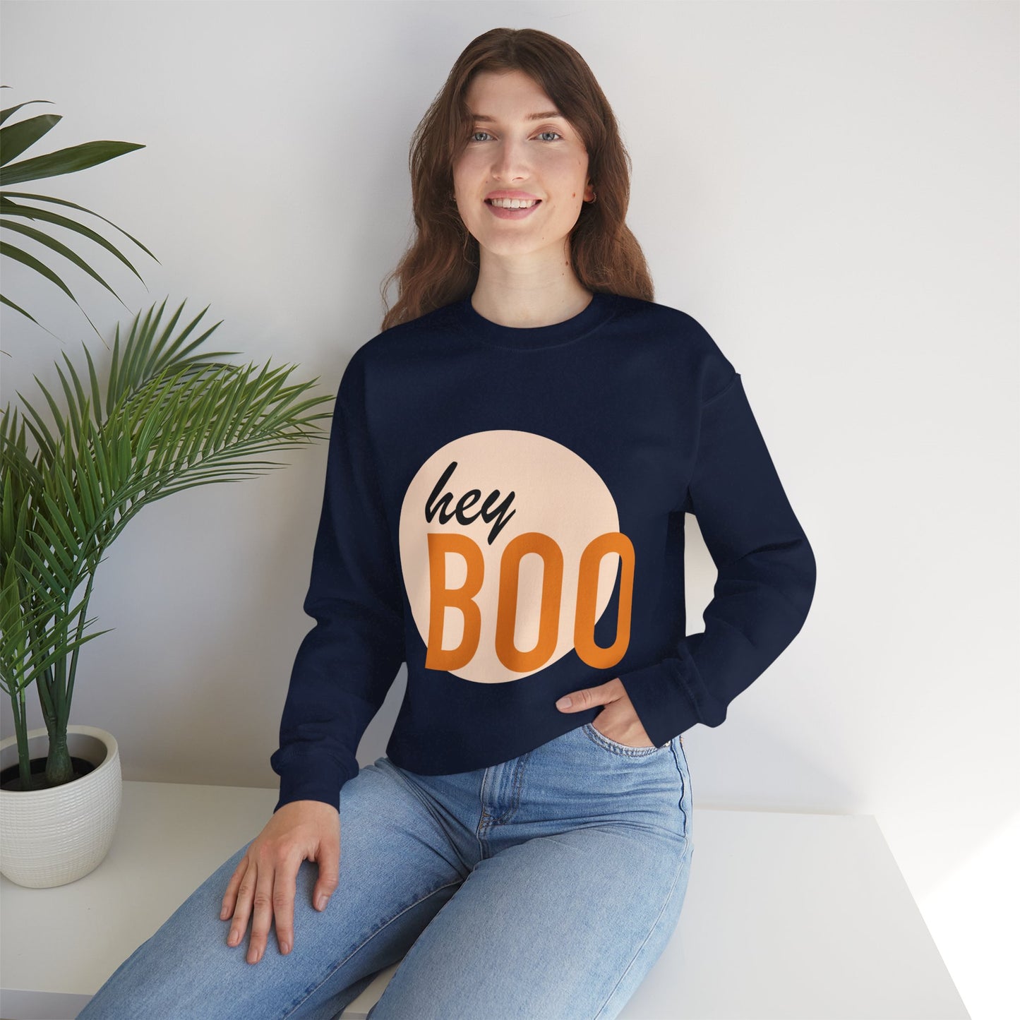 Hey Boo Halloween Print Chic Unisex Heavy Blend™ Crewneck Sweatshirt