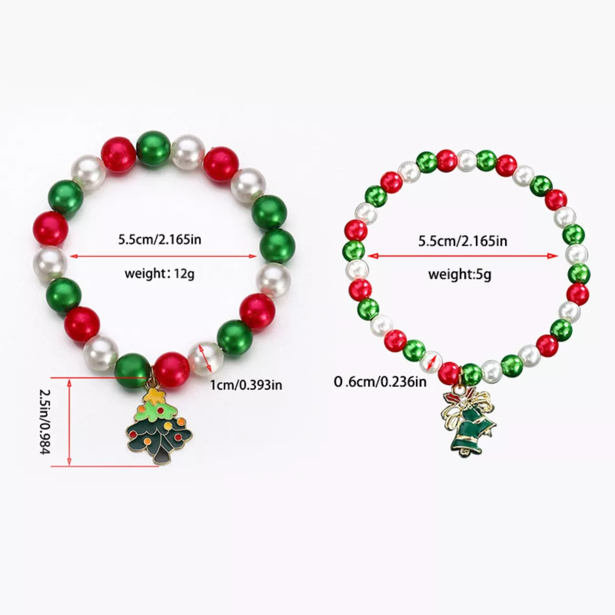 Two beaded bracelets with Christmas-themed charms on a white background, showing measurements and weights.