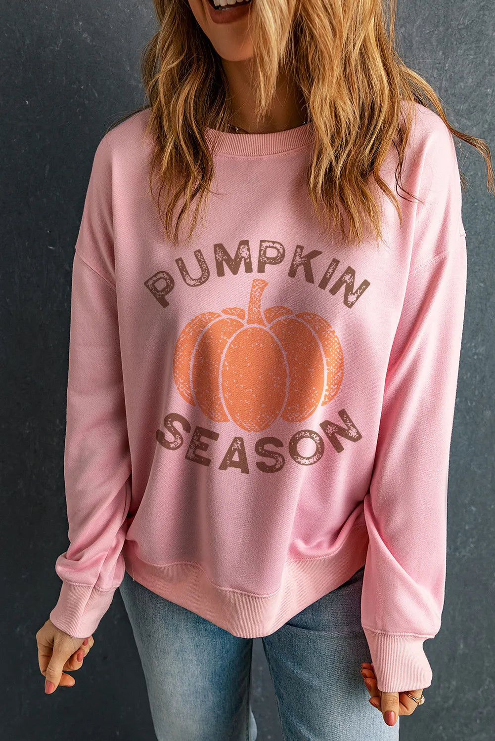 Pumpkin Season Pink Graphic Round Neck Long Sleeve Sweatshirt