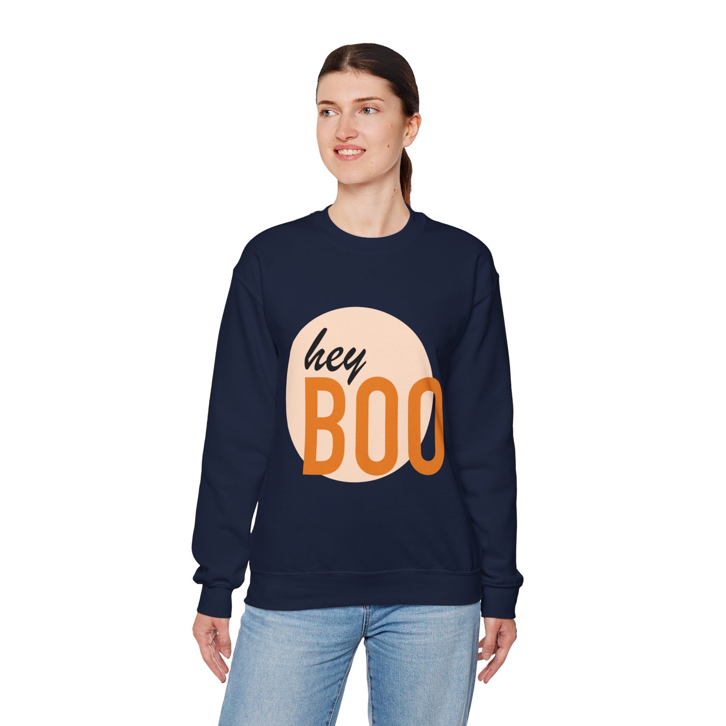 Hey Boo Halloween Print Chic Unisex Heavy Blend™ Crewneck Sweatshirt