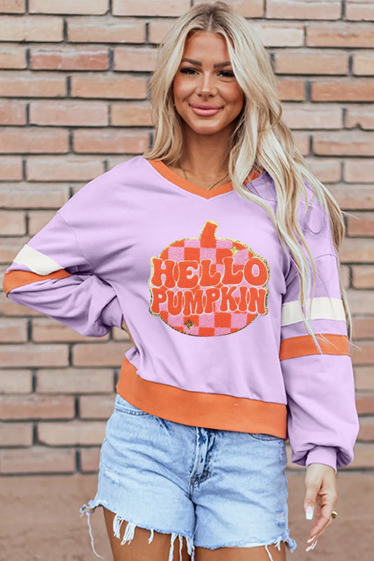 Hello Pumpkin Halloween Lavender Contrast Chic V-Neck Long Sleeve Sweatshirt