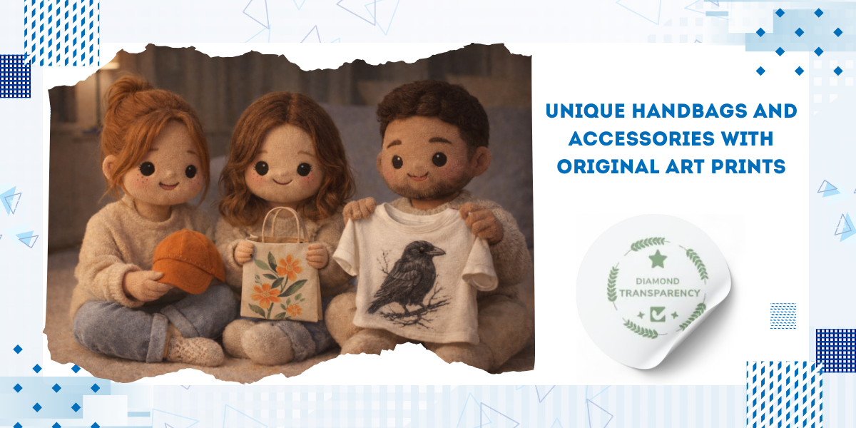 Three dolls holding handbags with art prints on a decorative background with text about unique handbags and accessories.