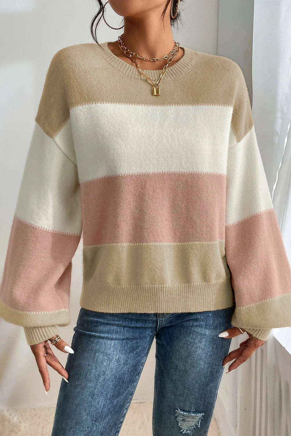 Color Block Round Neck Lantern Sleeve Sweater