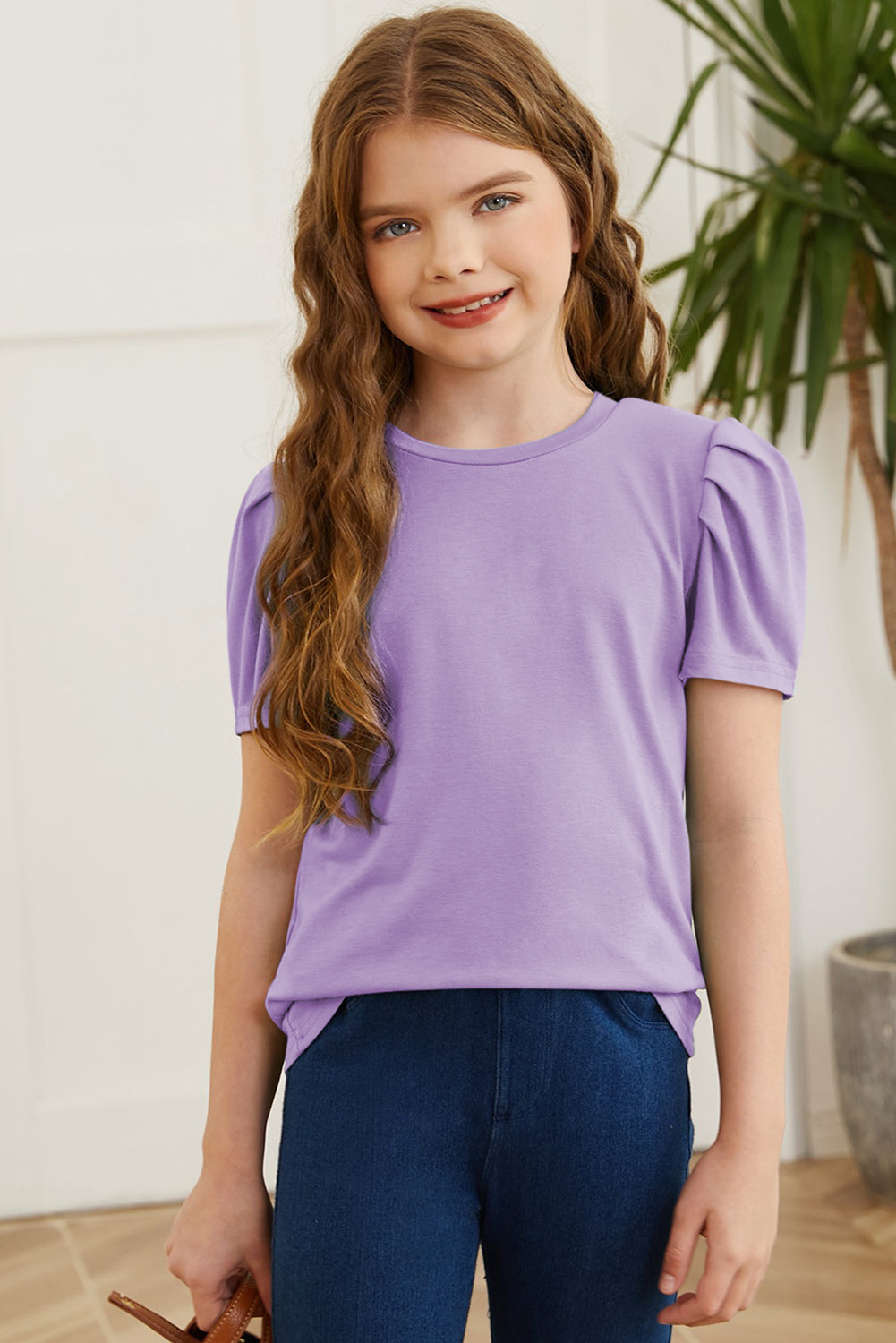 Girls Round Neck Puff Sleeve T-Shirt