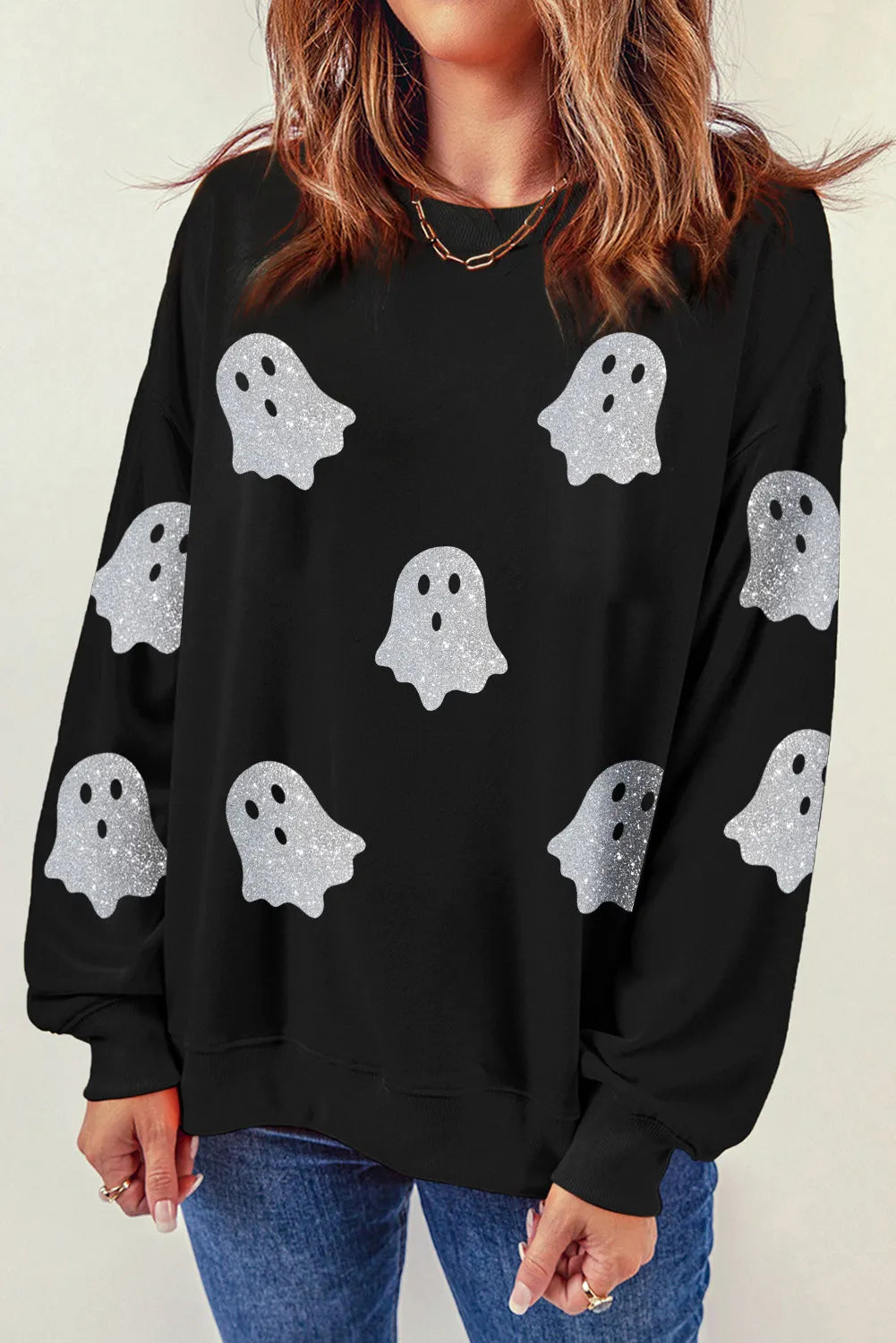 Glitter Ghosts Round Neck Long Sleeve Sweatshirt