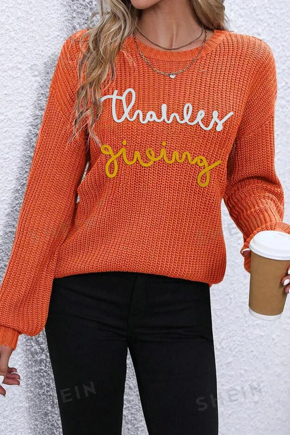 THANKSGIVING Orange Round Neck Long Sleeve Sweater